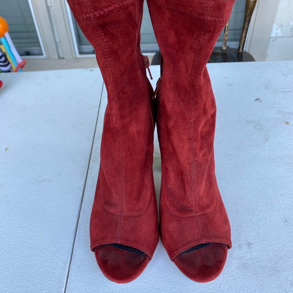 Red open toed tall bootie